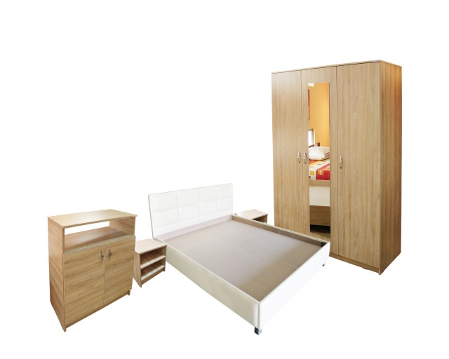 Dormitor Soft Sonoma cu pat tapitat bej pentru saltea 140x200cm